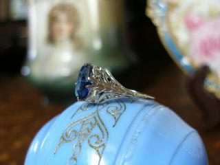 Antique 14k White Gold Filigree Sapphire Blue Ring Art Deco 1920 