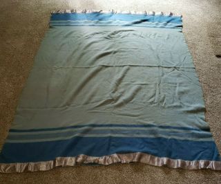 Vintage 100 Certified Pure Wool Blanket In Shades Of Blue Stripes 89 " X 63 "