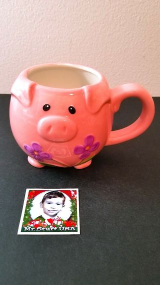 Mrstuff Holiday Pier 1 Coffee Mug Cup Pink Pig With Lavender Flower Euc