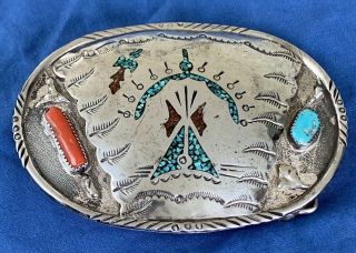 Jj Vintage Sterling Silver Turquoise Coral Navajo Belt Buckle Johnny Johnson ??