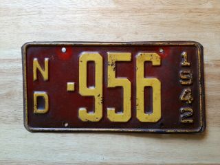 1942 North Dakota Vintage License Plate,  Red & Yellow - 956 Low Number