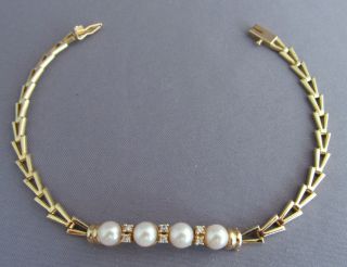 Vintage Aj 14k Yellow Gold White Pearl & Diamond Cluster Wheat Link Bracelet