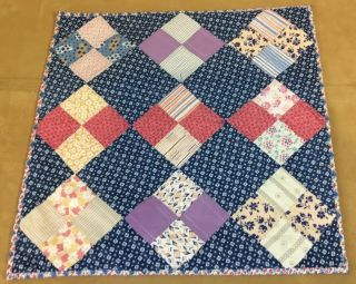 Antique Vintage Patchwork Quilt Table Runner,  Four Patch,  Navy Blue,  Pink Calico