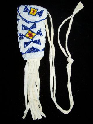White Leather Hide Beaded Pouch Bag White Red Blue Yellow Beads
