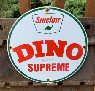 Vintage Sinclair Dino Supreme Porcelain Sign Dealer Gas Oil Pump Plate