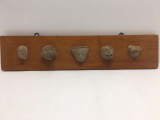 5 Clay Pre Columbian Heads Aztec Mayan Olmec Mexican Mounted For Display
