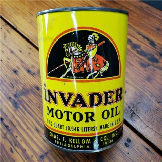 Vintage Nos Full Invader 1 Qt.  Motor Oil Can Metal Gas Station Sign Quart