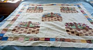 Vintage Cotton Basket Pieced Quilt Top 44 " Square Ready For Finishing