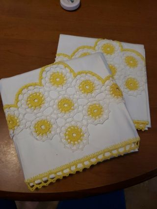 2 Vintage Cannon Pillow Cases Hand Crochet Trim 21 " X 32 " Yellow White