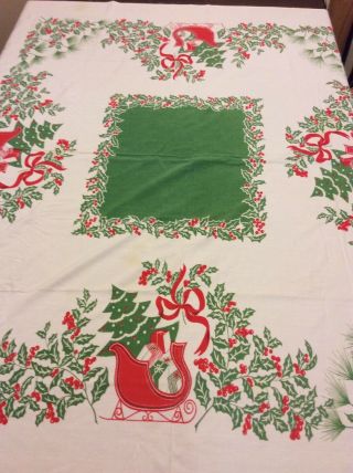 Vtg Tablecloth White With Border Of Holly/sleighs Christmas 52 " X 44”