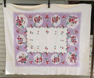 Vintage Cotton Tablecloth Cherries On Lilac & White Background Cutter?