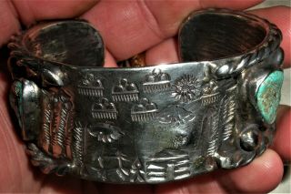 Vintage C.  1950 Navajo Sterling Silver Turquoise Bracelet Storyteller Stamps Vafo