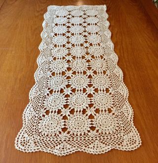 Vintage Crocheted Ivory Ecro Lace Table Runner Or Dresser Scarve.