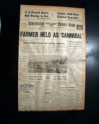 Ed Gein Plainfield Wisconsin Serial Killer & Body Snatcher Arrest 1957 Newspaper
