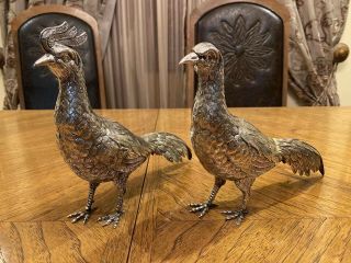 Realistic Pair Spanish Sterling Silver 925 Pheasants Figurines Birds.