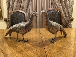 Realistic Large Pair Spanish Sterling Silver 925 Pheasants Figurines Birds.
