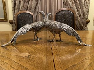 REALISTIC LARGE PAIR SPANISH STERLING SILVER 925 PHEASANTS FIGURINES BIRDS. 2