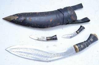 Vintage Gurkha Horn India Kukri Knife Leather Scabbard 2 Small Knives Dagger
