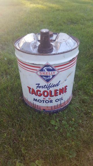 Vintage Rare 5 Gallon Skelly Fortified Tagolene Motor Oil Can Tin