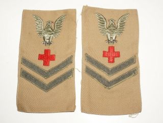 Pharmacist Mate 2nd Class Tan Twill Usmc Corpsman Wwii Pair Rank Patches C1404