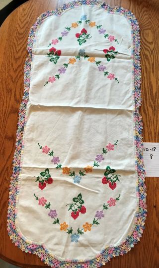 Vintage Hand Embroidered Cotton Dresser Scarf Flowers 40 " By 18 "