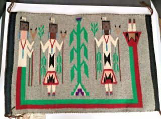 Vintage 1950s Native American Curley Navajo Rug Hand Woven Wool Yei Figures