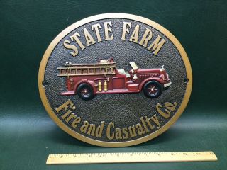 Vintage State Farm Fire And Casualty Co.  Wall Plaque W/ Fire Engine By Bruce Fox