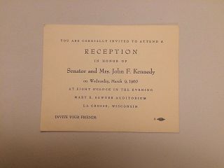 Rare 1960 Invitation To A " Reception In Honor Of Sen.  & Mrs.  John F.  Kennedy "
