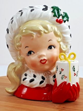 Vintage Napco 1956 Christmas Holiday Blond Girl With Present Head Vase Cx2348a