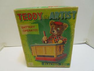 Vintage Tin Japan Yonezawa Teddy The Artist Battery Operated Toy W/box