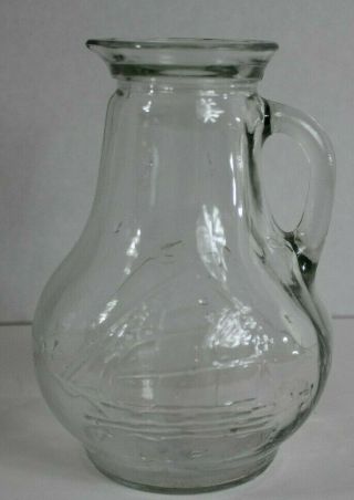 Pitcher With Handle/vintage Clipper Ship/sail Boat Clear Glass.  6.  5 " Tall.