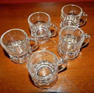 Set Of 5 Tiny Federal Clear Glass Handled Mug Style Shot Glasses Cond.