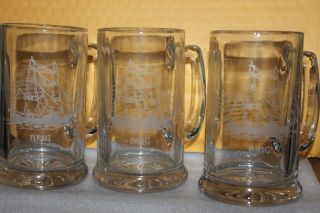 Set Of 3 Etched Beer Steins With Tall Ship,  Glass Mug Brig 5 1/2 " Tall