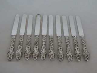 Set Of 10 Whiting Sterling Silver Lily Old Blunt Blade Knives
