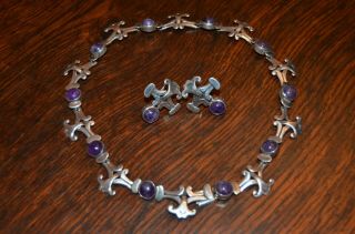 Vintage Taxco Mexico Sterling Silver Lavender Jadeite Necklace & Earrings