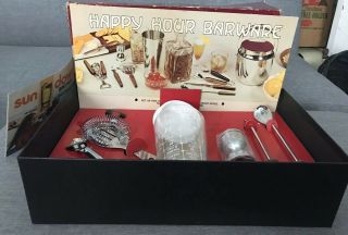 Vintage 6 Piece Coronet Bar Set,  Happy Hour Barware,  1970’s,  Box