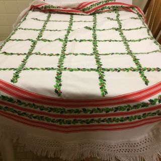 Vintage Christmas Fabric Tablecloth Round Holly Berries Fringes 56 " Stains