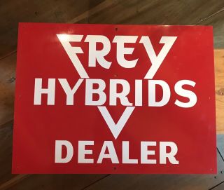 Vintage Frey Hybrids Metal Dealer Seed Corn Sign