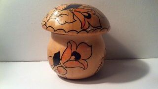 Vintage Russian Folk Art Hand Painted Wood Mushroom Figural Trinket Jar Box Ussr