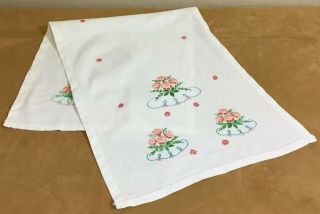 Vintage Dresser Scarf Or Table Runner,  Cotton,  Flower Embroidery,  Off White