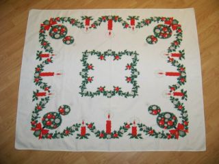 Vintage Christmas Linen Table Cloth - White W/ Candles Bulbs Holly - 43 " X 52 "