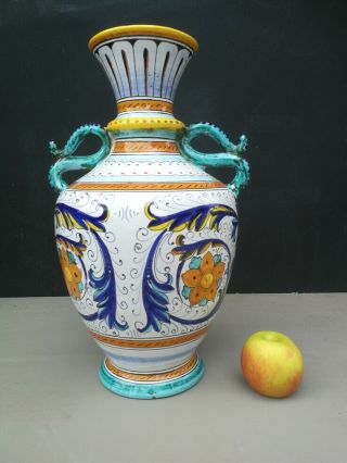 Vintage Xl 15,  7 " Hand Painted Italian Majolica Ars Deruta Ceramic Vase Signed
