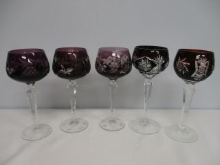 5 Vintage Purple & Ruby Bohemian Cut To Clear Wine Hock Glasses 8 " - 8 1/4 "