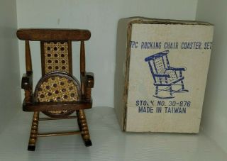 Coaster Set Of 6 Miniature Wooden Rocking Chair Caned Back Rattan Wicker Barware