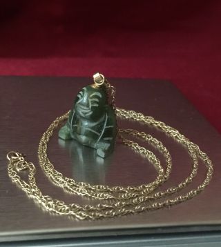 Vintage Hallmarked Solid 9k 9ct Gold 22” Chain Necklace W/ Jade Buddha Pendant.