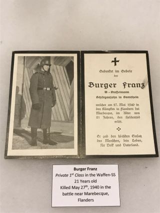 Ww2 German Death Card/picture - Waffen Ss Private - Kia France/belgium 1940