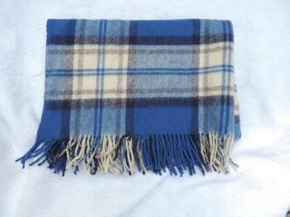 Great Vintage Wool Throw Stadium Blanket Blue Tartan Plaid 34 X 50