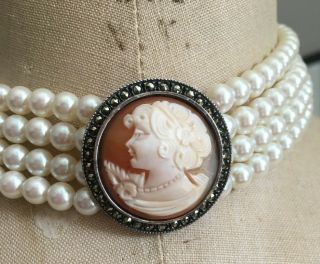 Vtg Judith Jack Sterling Silver Faux Pearl Marcasite Shell Cameo Choker Necklace