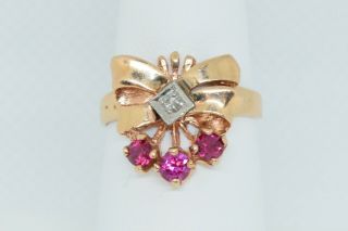 Vintage 14k Rose Gold Diamond Ruby Bow Ring Size 6.  75