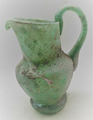 Museum Quality Ancient Roman Green Glass Vessel With Handle Circa 200 - 300ad